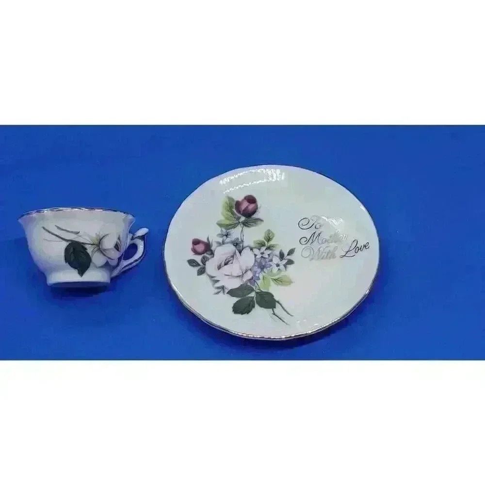 Vintage 2 Pc Miniature Tea Cup & Saucer Set Roses To Mother With Love Japan 50s - Picture 3 of 9